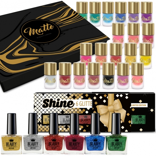 Set of 21 Matte Nail Polishes & 6 Glitter Shine Colours Display